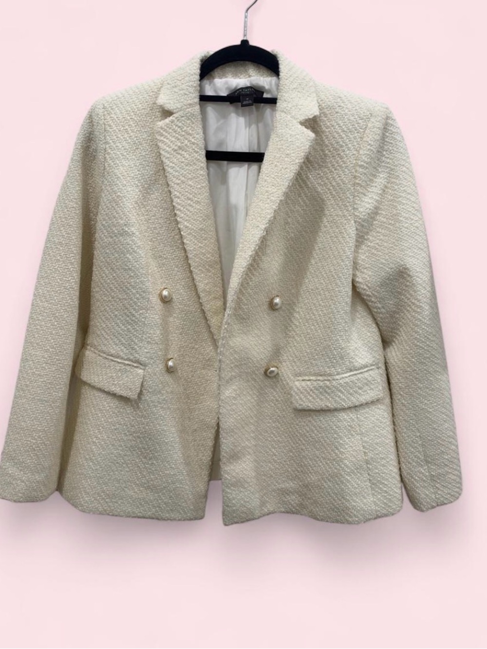 Ann Taylor Cream Double-Breasted Tweed Blazer